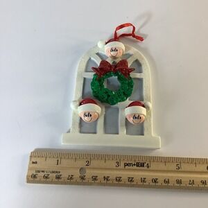 3D Family of 3 in Santa Hats Christmas Ornament in Arched Window w/ Wreath
